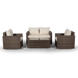 Villatoro Brown Rattan 2 Seat Sofa + 2 X Armchairs & Rectangle Coffee Table, Outdoor Patio Garden Furniture