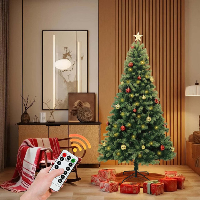 Artificial Christmas Tree with Remote Control Green Holiday Tree for Living Room Office Party Decoration, Premium Hinged Artificial Pine Lighted Holid
