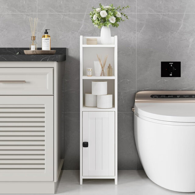 Bathroom Floor Cabinet with Adjustable Shelves Freestanding Narrow Toilet Paper Organizers White