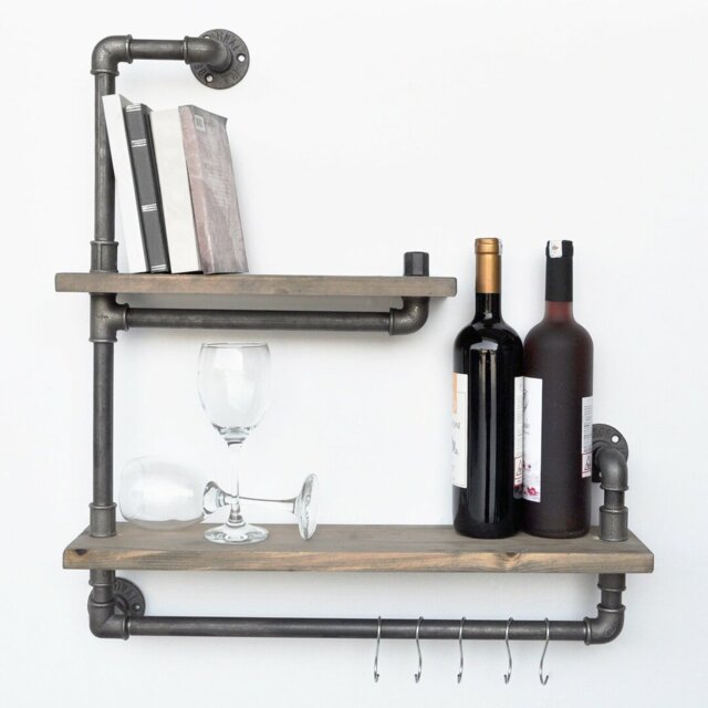 Hampden 2 -Piece Solid Wood Industrial Pipe Shelves