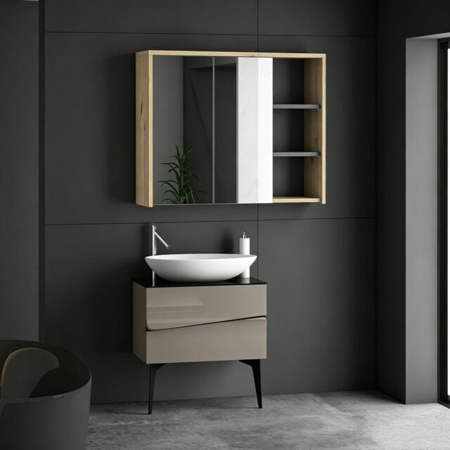 Wood-Effect MDF Wall Mounted Mirrored Bathroom Cabinet with 5 Shelves
