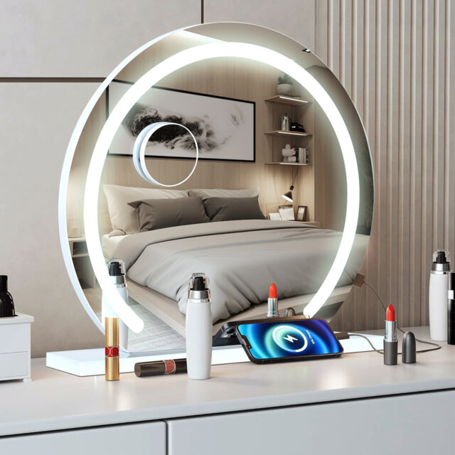 Makeup Mirror with 3 Color Lights, Makeup mirror with Dimmable LED Light Strip, Large Round Mirror