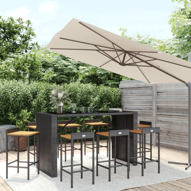 Alekzandra 9 Piece Garden Bar Set Grey Poly Rattan& Solid Wood Acacia