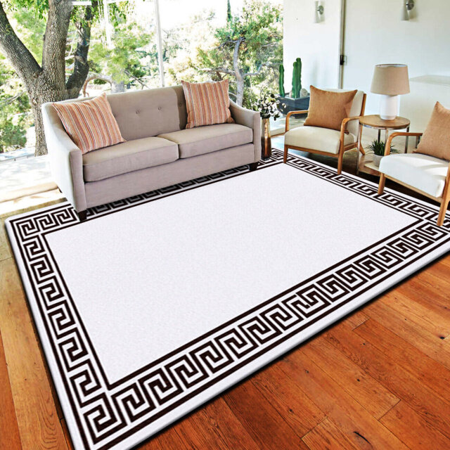 Plain Rug with Greek key Bordered Gel backed Rug Aleecia Cream/Black Rug