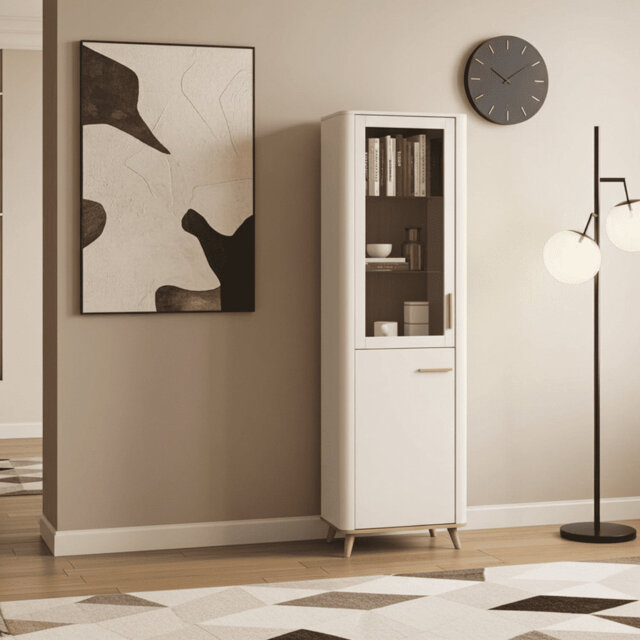 Kuri Display Cabinet Storage Shelves Unit 58cm Wide Tall Slim  Shelf Tier Cupboard With 2 Doors