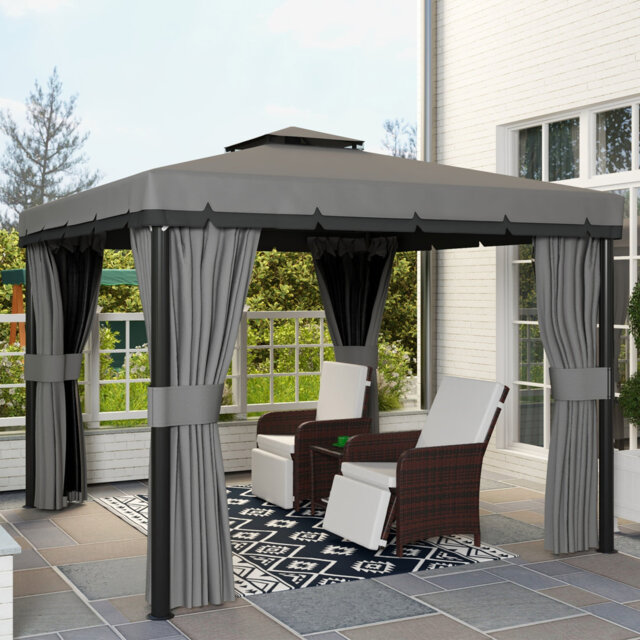 3 X 3m Light Grey Garden Pavilion, 2 Tier Roof Outdoor Gazebo With Mosquito Netting And Privacy Curtains, Aluminium Steel Mixed Frame