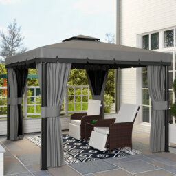 3 X 3m Light Grey Garden Pavilion, 2 Tier Roof Outdoor Gazebo With Mosquito Netting And Privacy Curtains, Aluminium Steel Mixed Frame