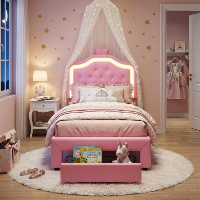 Princess Bed With LED Crown Headboard & Drawer(S), Faux Leather Storage Frame, White & Pink