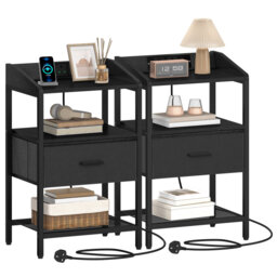 Bedside Table Set of 2 with Charging Station, Bedside Cabinet with 2 Open Shelf and 1 Fabric Storage Drawer, Side End Table with USB Ports & TypeC for