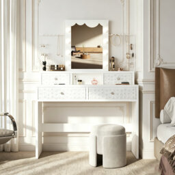 Dressing Table With Mirror, 4 Drawers Makeup Vanity With 3 Colors LED Light & Jewelry Storage Shelves