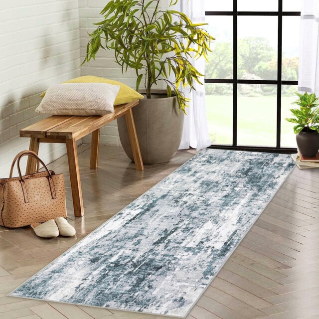Modern Abstract Area Rug – Washable Short Pile Carpet, Non-Slip, Large Indoor Floor Mat for Living Room, Bedroom, Kitchen – Blue, 80x150cm, Germany Sp