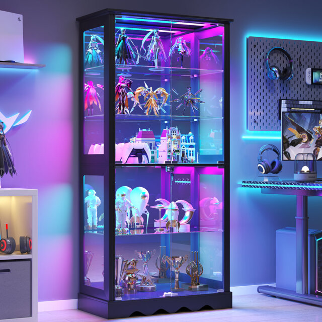 5-Tier Glass Display Cabinet with Lock, Display Cabinet with Human Sensor Function and Color RGB Lights