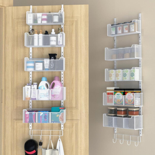 Over The Door Storage, Metal Door Organiser Hanging With 5 Adjustable Baskets And Coat Hook, Behind The Door Storage For Bedroom Closet Bathroom Pantr
