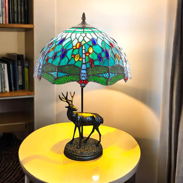 Aqua Blue Tiffany Table Lamp with Stag Base, 30cm Diameter Shade, UK Plug