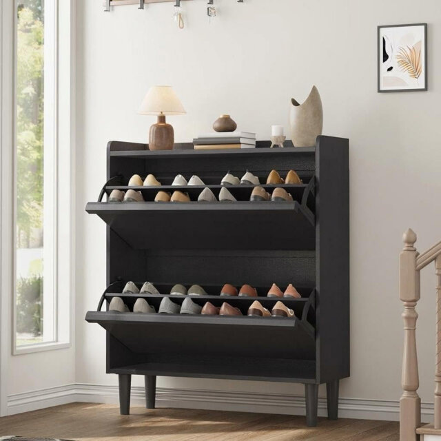 Shoe Cabinet with Flip Drawers, Wooden Shoe Organizer Cabinet with Adjustable Shelf, Hidden Shoe Cabinet for Hallway, Living Room
