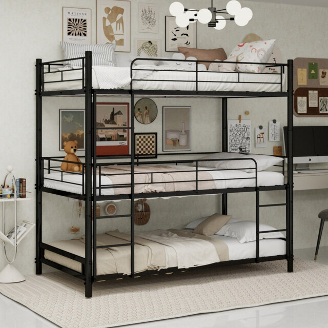 Triple Bunk Bed 3-tier Metal Frame For Dormitory & Shared Room, Space-saving 90x190cm Mattress, Sturdy Industrial Style