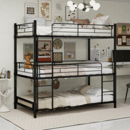 Triple Bunk Bed 3-tier Metal Frame For Dormitory & Shared Room, Space-saving 90x190cm Mattress, Sturdy Industrial Style