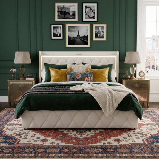 European Double & King Velvet Ottoman Bed With LED Storage Headboard, Frame With Charging Port, Beige