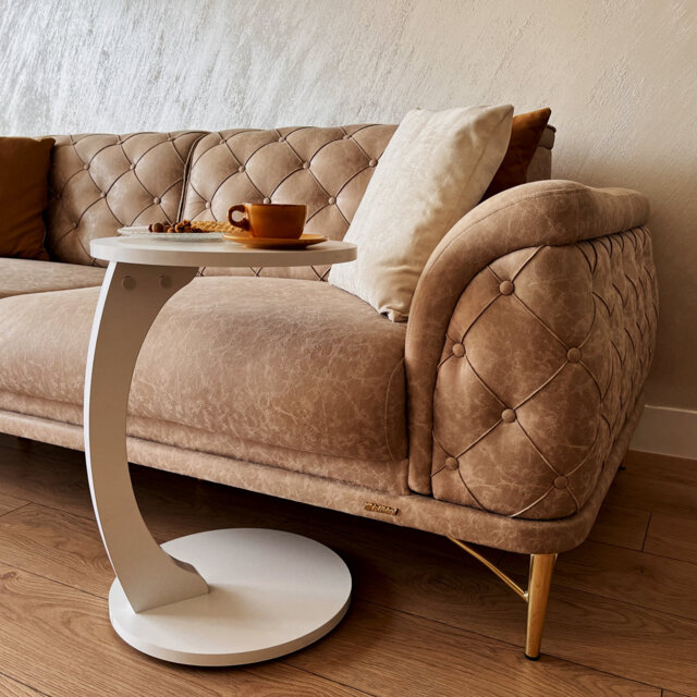 Adhem C-Shaped Round End Table with Rolling Wheels: A Movable, Space-Saving Side Table Perfect for Sofas, Living Rooms, Bedside Areas, and Optimizing