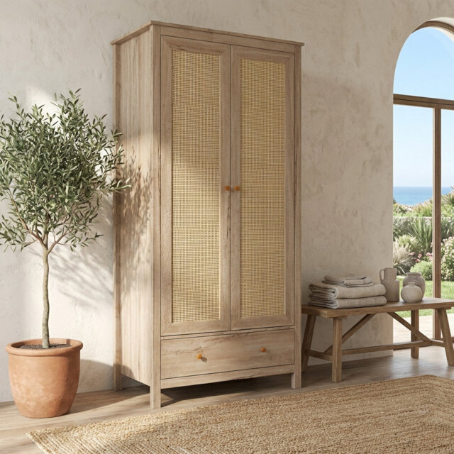Anie Oak & Rattan 2 Door Double Wardrobe With 1 Drawer