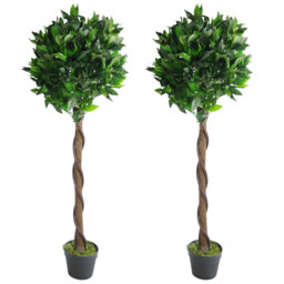 Artificial Topiary Bay Pair Twisted Laurel Ball Trees 120cm 4ft Real Wood Trunk