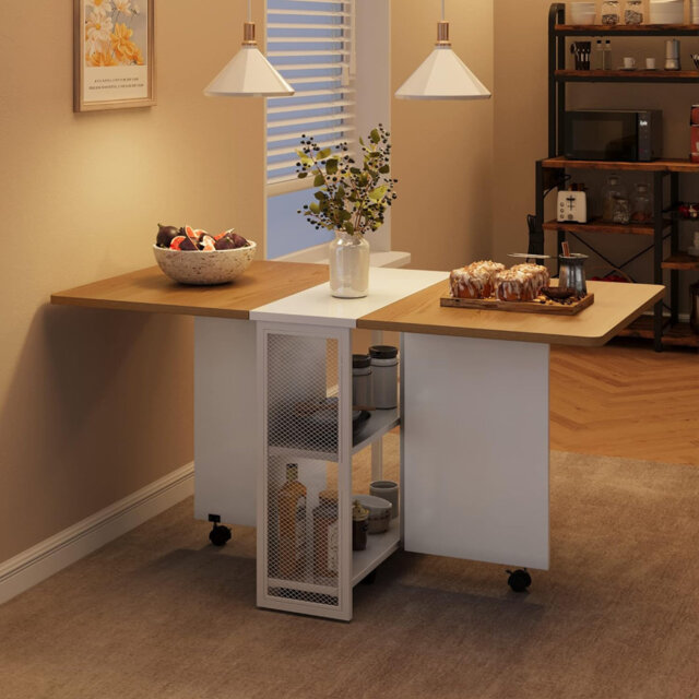 Folding Dining Table, Drop Leaf Dining Table for 4, Foldable Kitchen Table with 2 Storage Shelf, Space Saving Dining Tables for Small Spaces, Movable