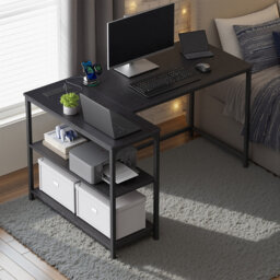 Corner Computer Desk With Power Outlets, L-Shaped Desk With Storage Shelves, For Study Or Office, Black