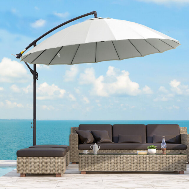 3m Cream White Cantilever Umbrella, 18 Fibreglass Ribs Patio Parasol With Top Air Vent, Hand Crank And Adjustable Angle, Cross Base Included
