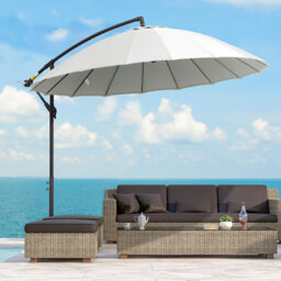 3m Cream White Cantilever Umbrella, 18 Fibreglass Ribs Patio Parasol With Top Air Vent, Hand Crank And Adjustable Angle, Cross Base Included