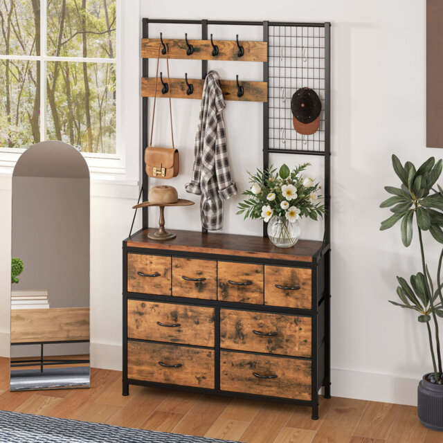 Coat Rack Stand, Floorstanding Hall Tree With 8 Drawers For Hallway Entryway Bedroom Living Room, Rustic Brown