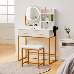 Dressing Table,Round Mirror Vanity Table Set, 2 Drawers, With Charging Station And Hairdryer Holder, Incl. LED