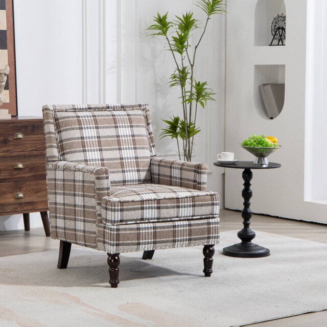 Upholstered Accent Chair, Vintage Armchair With Striped Linen Fabric And Nailhead Trim For Living Room