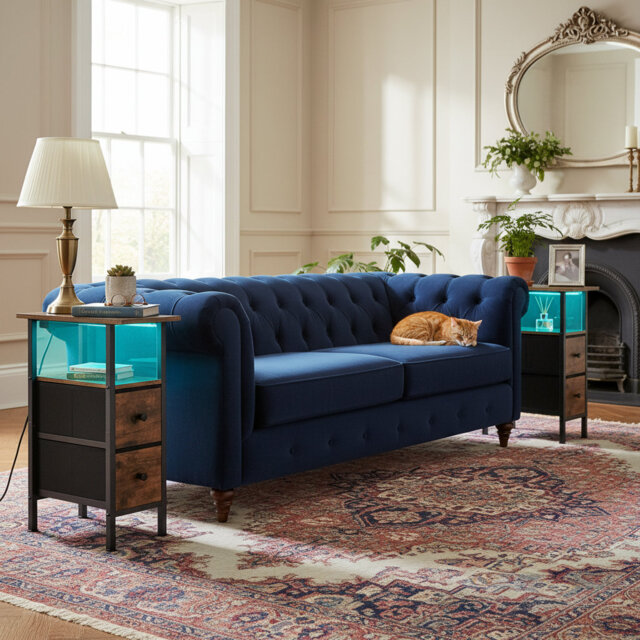 LED Narrow Side Tables Set of 2, Slim End Table with Fabric Drawer and Charging Station