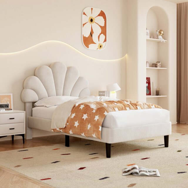 3ft Single Upholstered Velvet Bed Frame, Adjustable Chic Petal Headboard, Solid Wood Slat Platform Bed, No Box Spring Needed, Easy Assembly