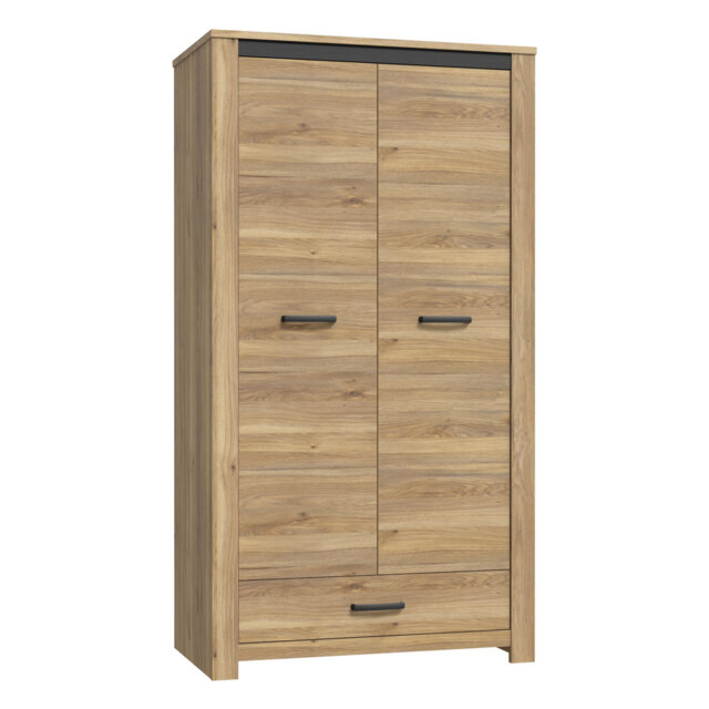 Modern wardrobe with 2 doors and 1 drawers, clothing rail and shelving, engineered wood, warm oak decor, 106.6 cm W x 197.9 cm H x 60.1 cm D
