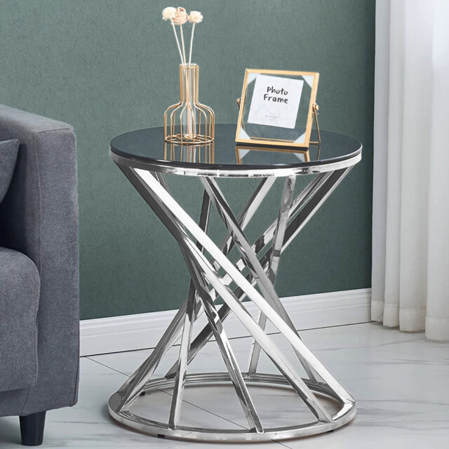 Aatifa High End 50cm Round Side Table for Living Room with Dark Tempered Glass and Gold/Chrome Stainless Steel Frame