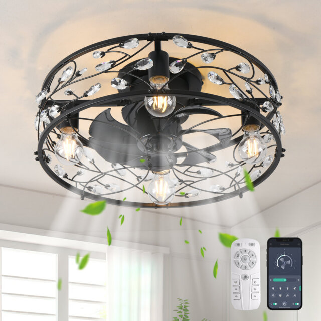 50cm Crystal Farmhouse Reversible Caged Ceiling Fan with Light Kit and Remote Control