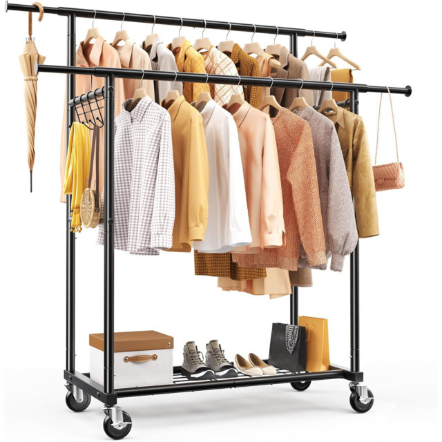 Double Rail Freestanding Clothes Rack, with Mesh Board and Side Hooks