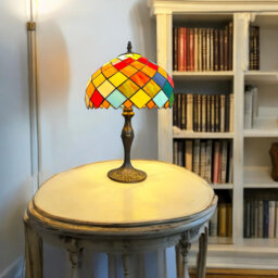Tiffany Style Table Lamp, 49cm Height, Stained Glass Shade, Antique Bronze Base