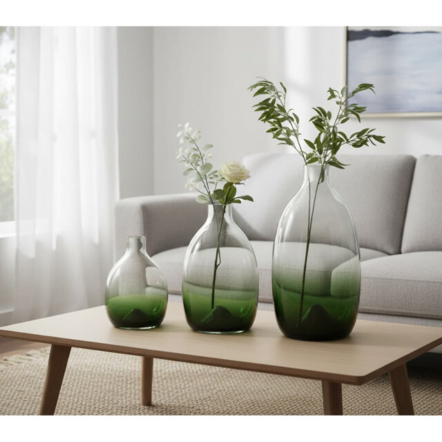 "3-Piece Modern Green Glass Vase Set: 11"" x 9"" x 7""H - Decorative Centerpieces for Dining/Living Room"