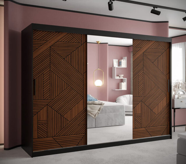 Decory II Mirrored Sliding Door Wardrobe in Black & Dark Walnut - Premium Laminated Board - W250cm
