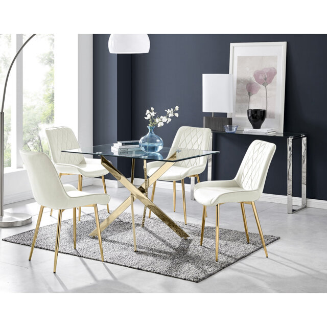 Lenworth Glass Rectangular Dining Table Set with 4 Luxury Velvet Chairs