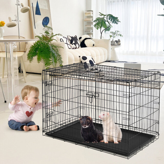 61cm Small Animal Cage with Slide Out Tray, Portable Rabbit Cage with Removable Carrying Handle, Folding Design, Perfect for Bunny, Ferret, Chinchilla