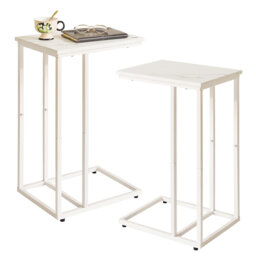 Set Of 2 Sofa Side Table,C Shaped End Table, Snack Coffee Laptop Desk With Metal Frame For Office, Living Room, Bedroom, White Faux Marble And White M