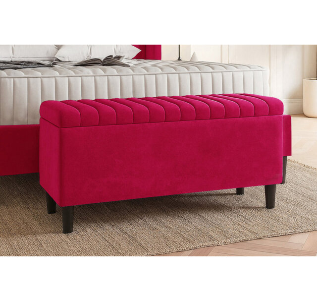 Plush Velvet Lined Upholstered Ottoman Storage Box with Wooden Legs