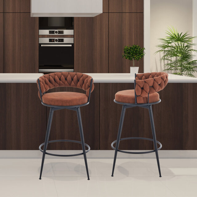 Bohdalice PU Leatherette Bar Stool (set of 2), With Braided Backrest And Footrest, Swivel Bar Stool, Seat Height 90.93cm, For The Kitchen, Dining Room