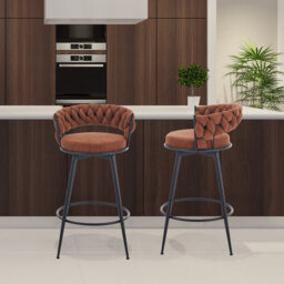 Bohdalice PU Leatherette Bar Stool (set of 2), With Braided Backrest And Footrest, Swivel Bar Stool, Seat Height 90.93cm, For The Kitchen, Dining Room