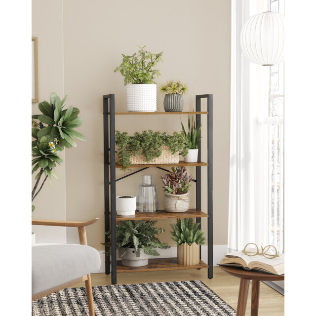 4 Tier Shelf Bookcase, Steel Frame, Free Standing Shelf For Living Room, Bedroom, Office, 30 X 66 X 120 Cm, Industrial Style, Rustic Brown And Ink Bla