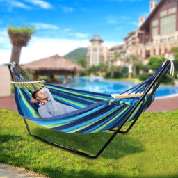 Hammock with Stand, Double Cotton Hammock with Spreader Bars, Adjustable Steel Stand