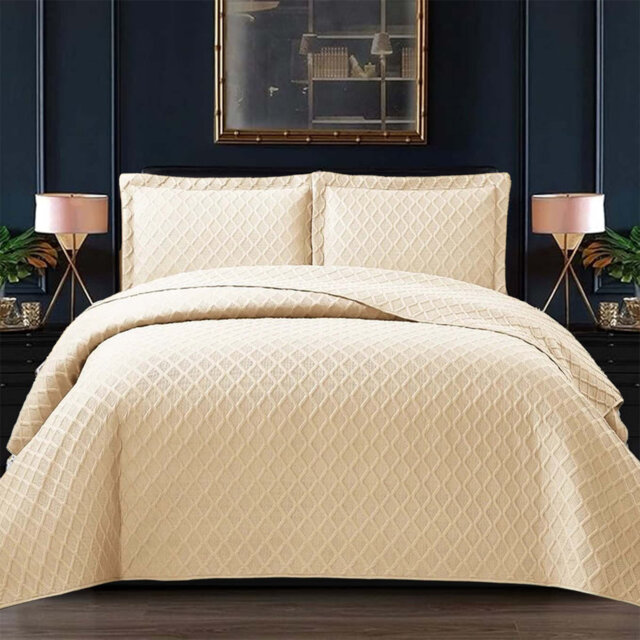 Bedspread Diamond Check Embossed Set with Pillow Shams, Textured All-Season Comfort, Single, Double, King & Super King